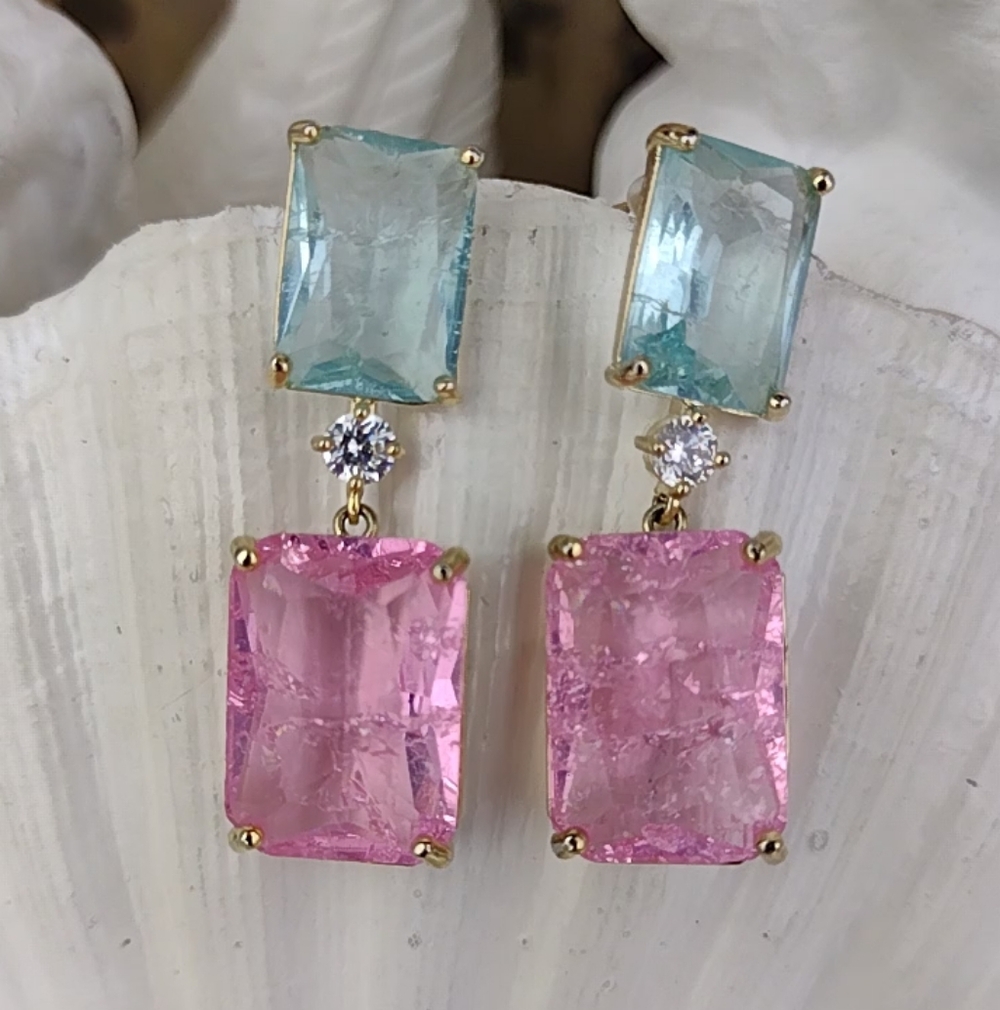 Icy Pink & Sea Green Cut Glass Gold Tone Rhinestone Drop Earrings